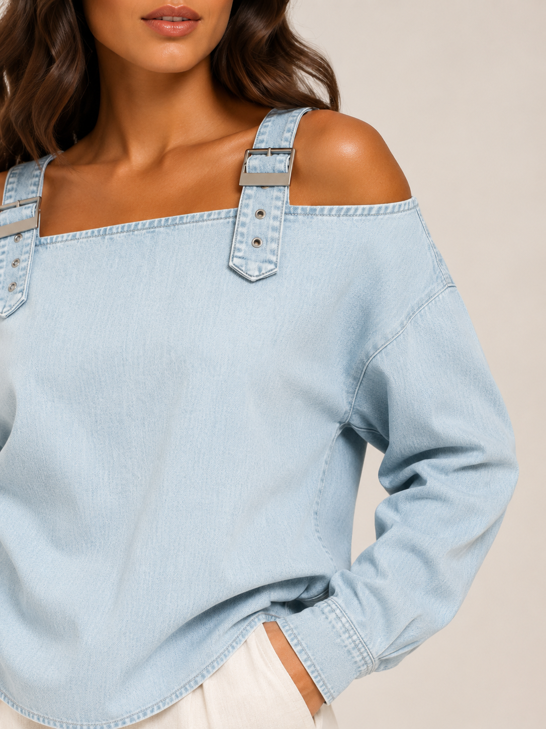 Selmara - Dames Denimlook Blouse Met Open Schouders En Verstelbare Bandjes