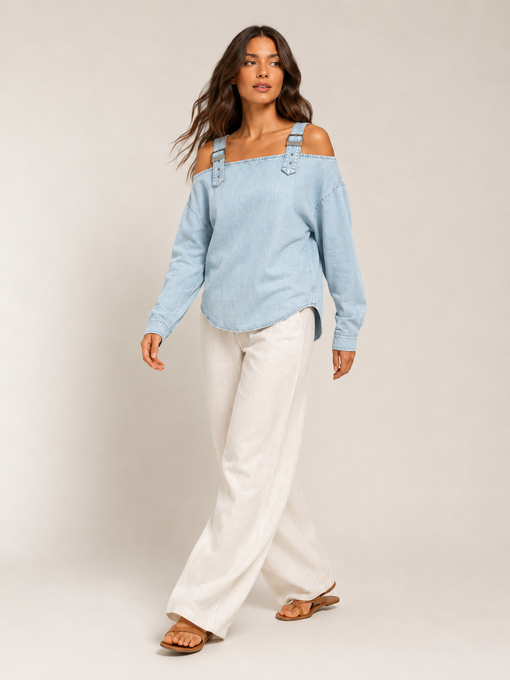 Selmara - Dames Denimlook Blouse Met Open Schouders En Verstelbare Bandjes
