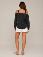 Selmara - Dames Denimlook Blouse Met Open Schouders En Verstelbare Bandjes