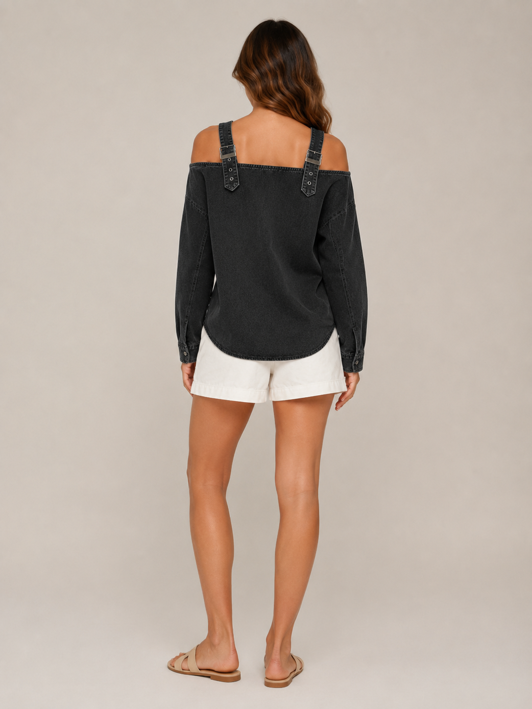 Selmara - Dames Denimlook Blouse Met Open Schouders En Verstelbare Bandjes