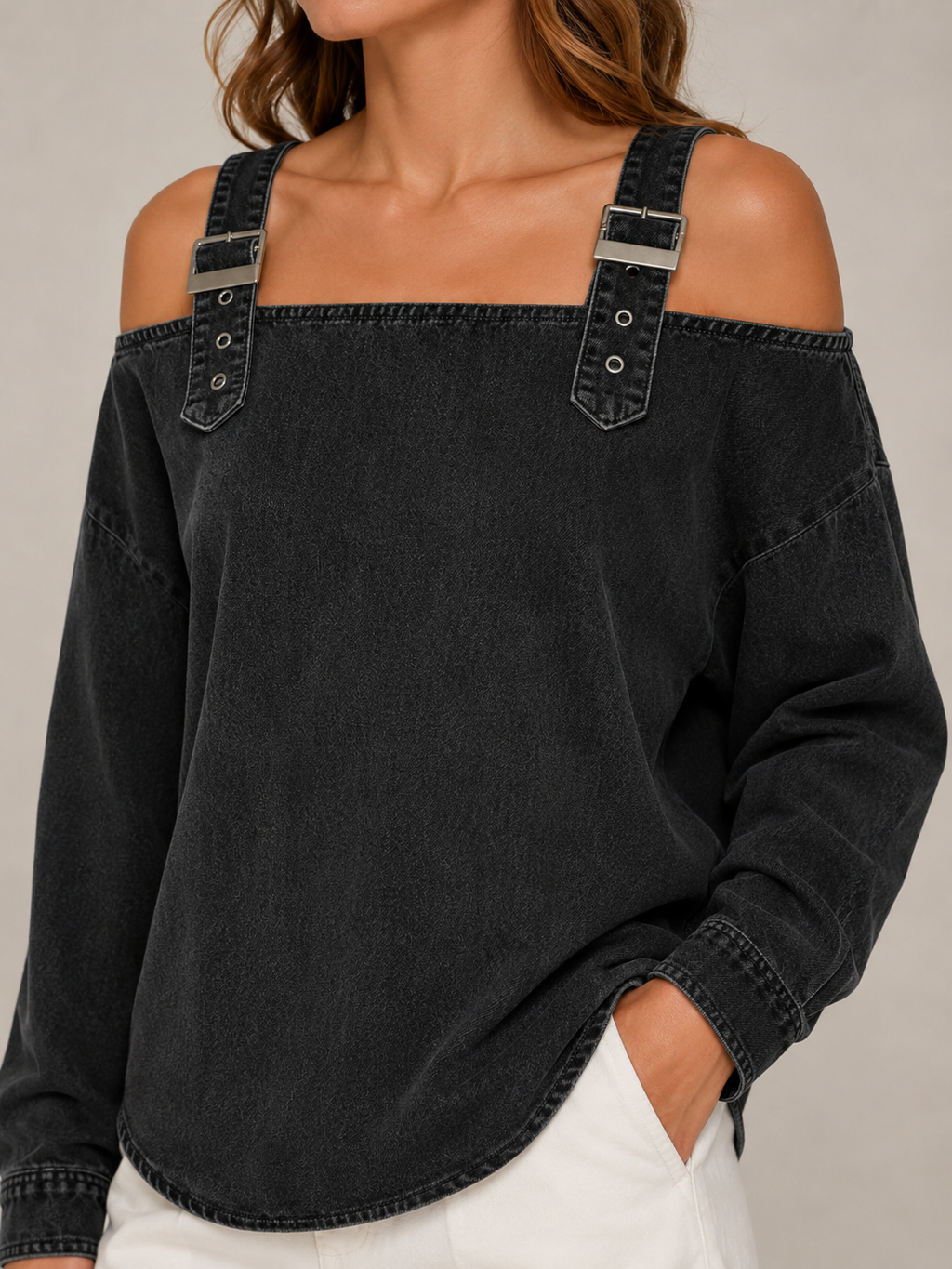 Selmara - Dames Denimlook Blouse Met Open Schouders En Verstelbare Bandjes