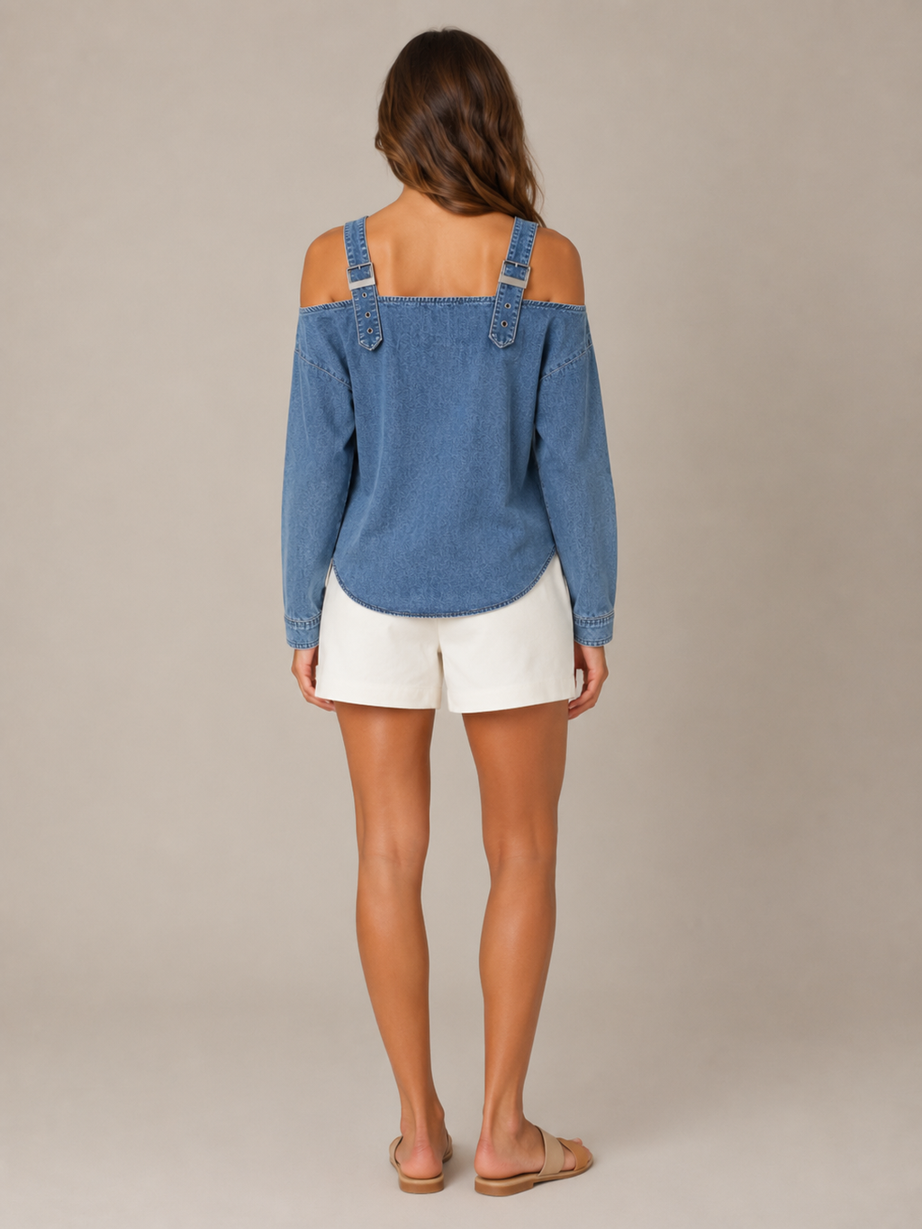 Selmara - Dames Denimlook Blouse Met Open Schouders En Verstelbare Bandjes