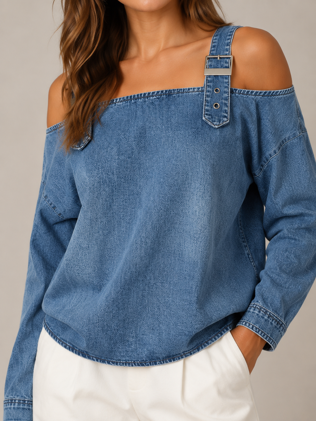 Selmara - Dames Denimlook Blouse Met Open Schouders En Verstelbare Bandjes