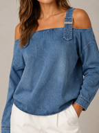 Selmara - Dames Denimlook Blouse Met Open Schouders En Verstelbare Bandjes