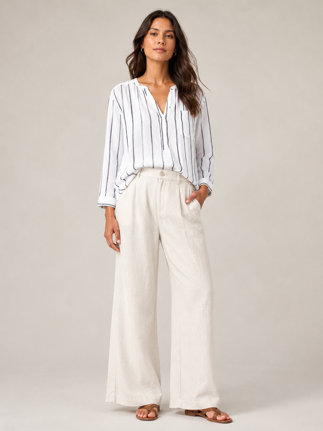 Sandelise - Gestreepte Dames Blouse Met Knoopsluiting En Lange Mouwen