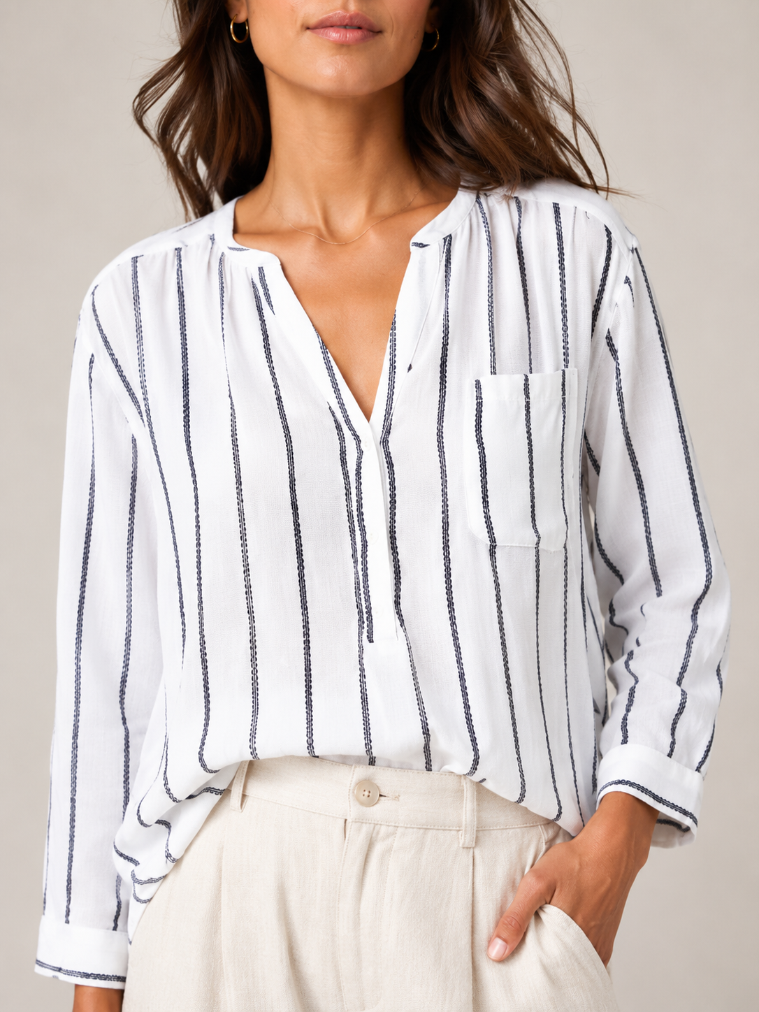 Sandelise - Gestreepte Dames Blouse Met Knoopsluiting En Lange Mouwen