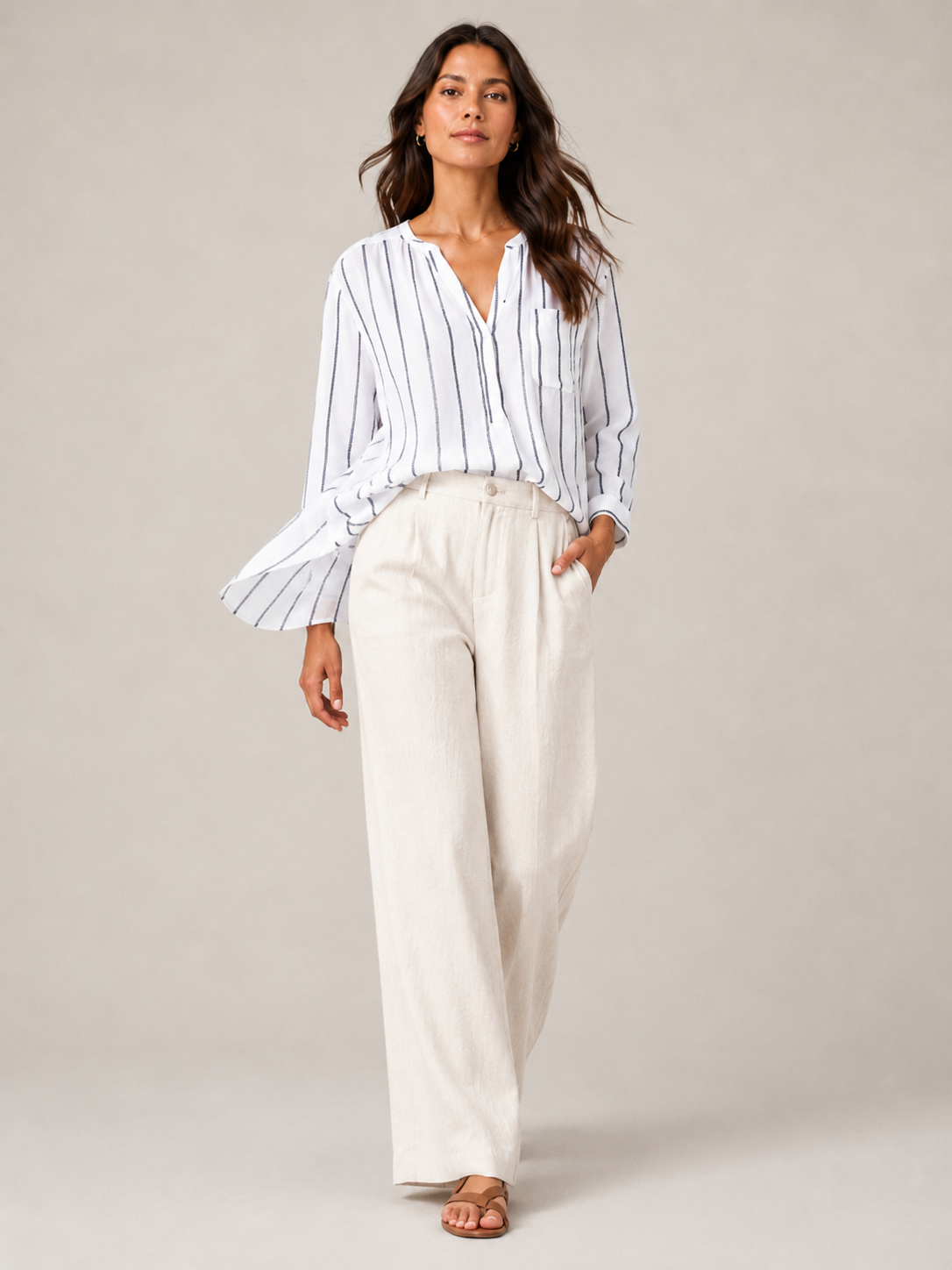 Sandelise - Gestreepte Dames Blouse Met Knoopsluiting En Lange Mouwen