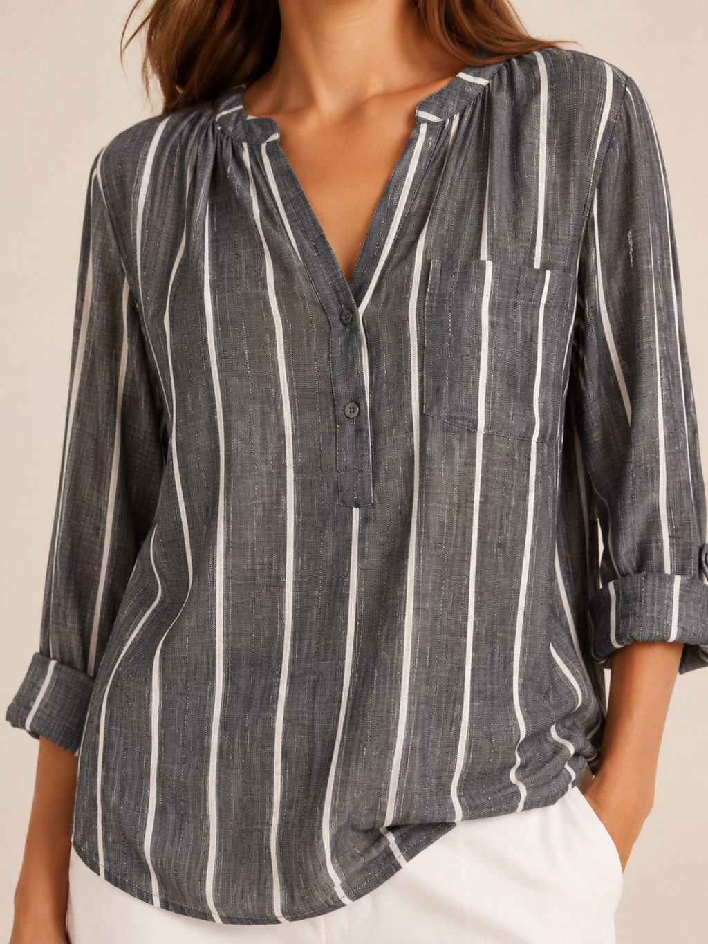 Sandelise - Gestreepte Dames Blouse Met Knoopsluiting En Lange Mouwen