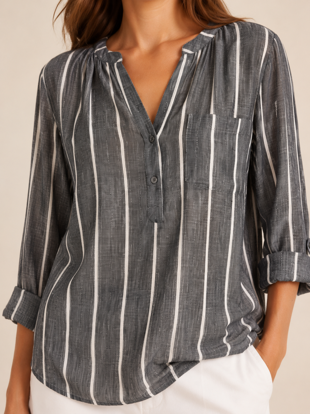 Sandelise - Gestreepte Dames Blouse Met Knoopsluiting En Lange Mouwen