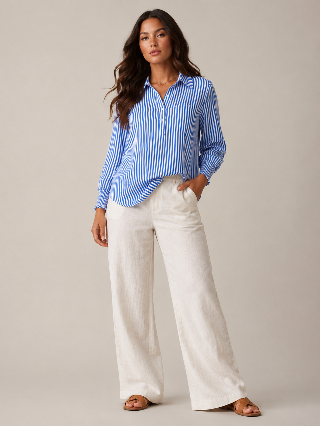 Sévianne - Gestreepte Dames Blouse Met Kraag En Lange Mouwen