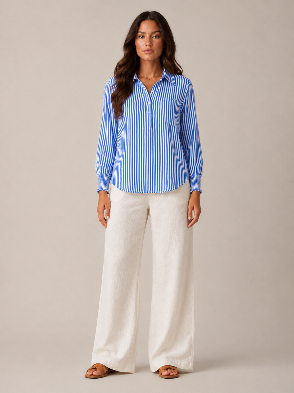 Sévianne - Gestreepte Dames Blouse Met Kraag En Lange Mouwen