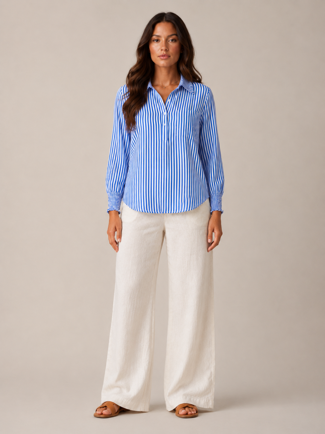 Sévianne - Gestreepte Dames Blouse Met Kraag En Lange Mouwen