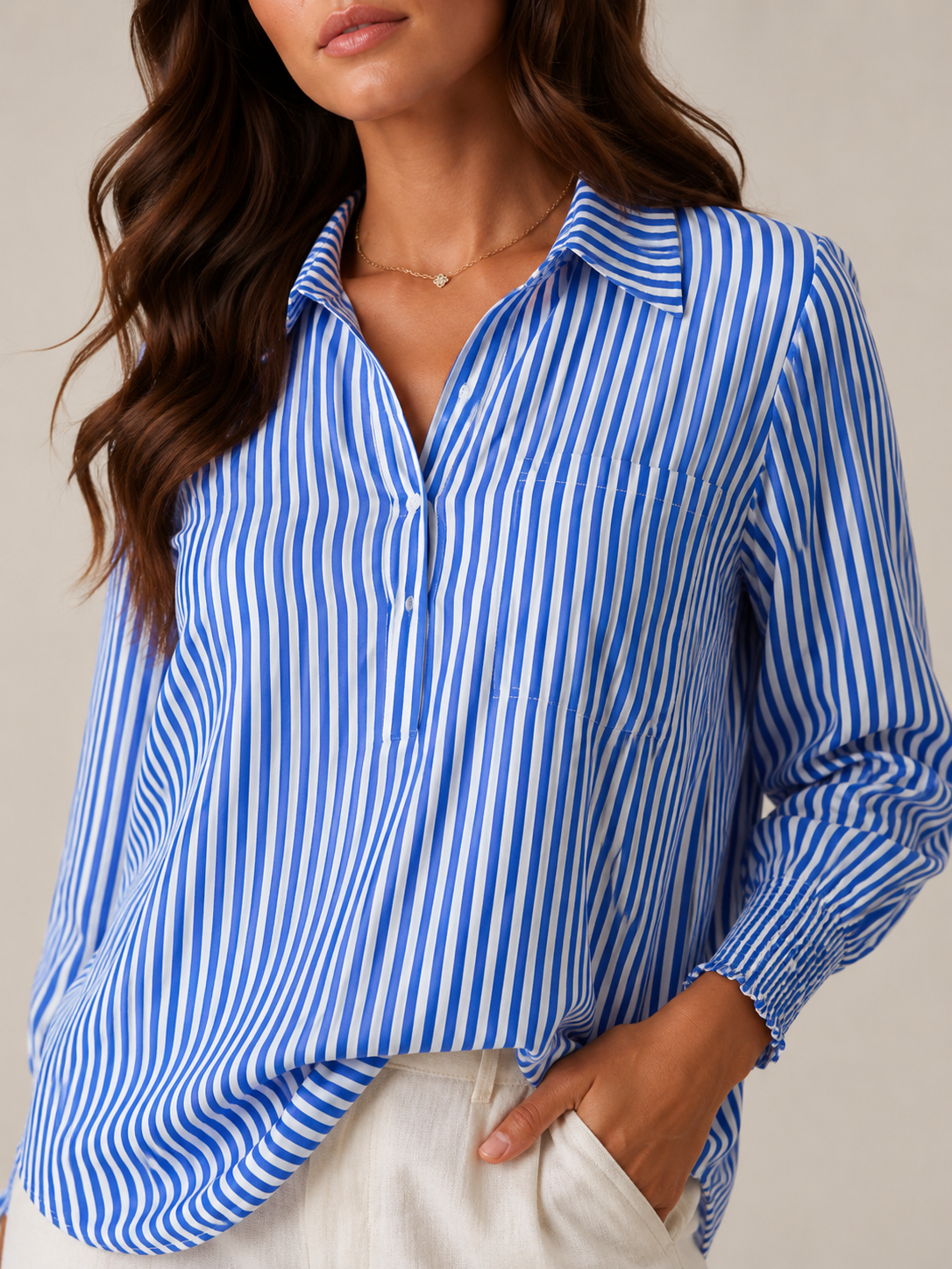 Sévianne - Gestreepte Dames Blouse Met Kraag En Lange Mouwen