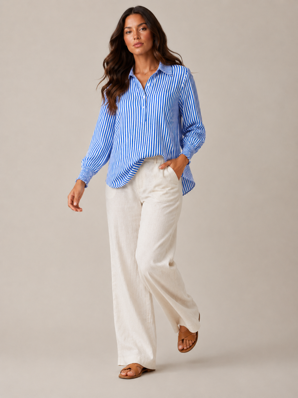 Sévianne - Gestreepte Dames Blouse Met Kraag En Lange Mouwen