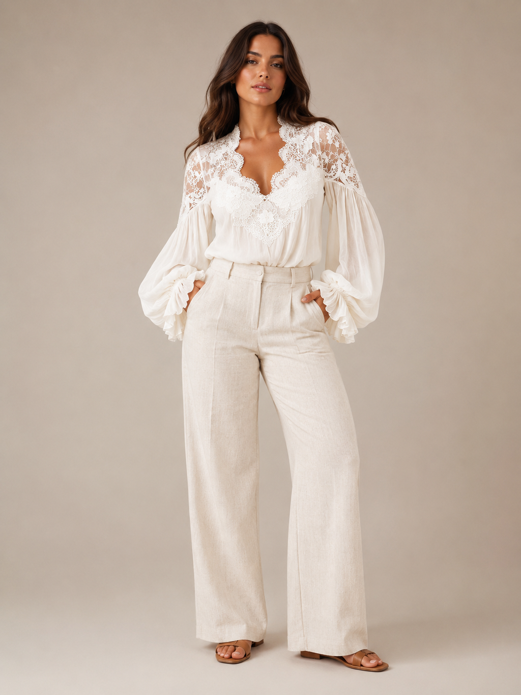 Sélénora - Dames Kanten Blouse Met V-hals En Pofmouwen