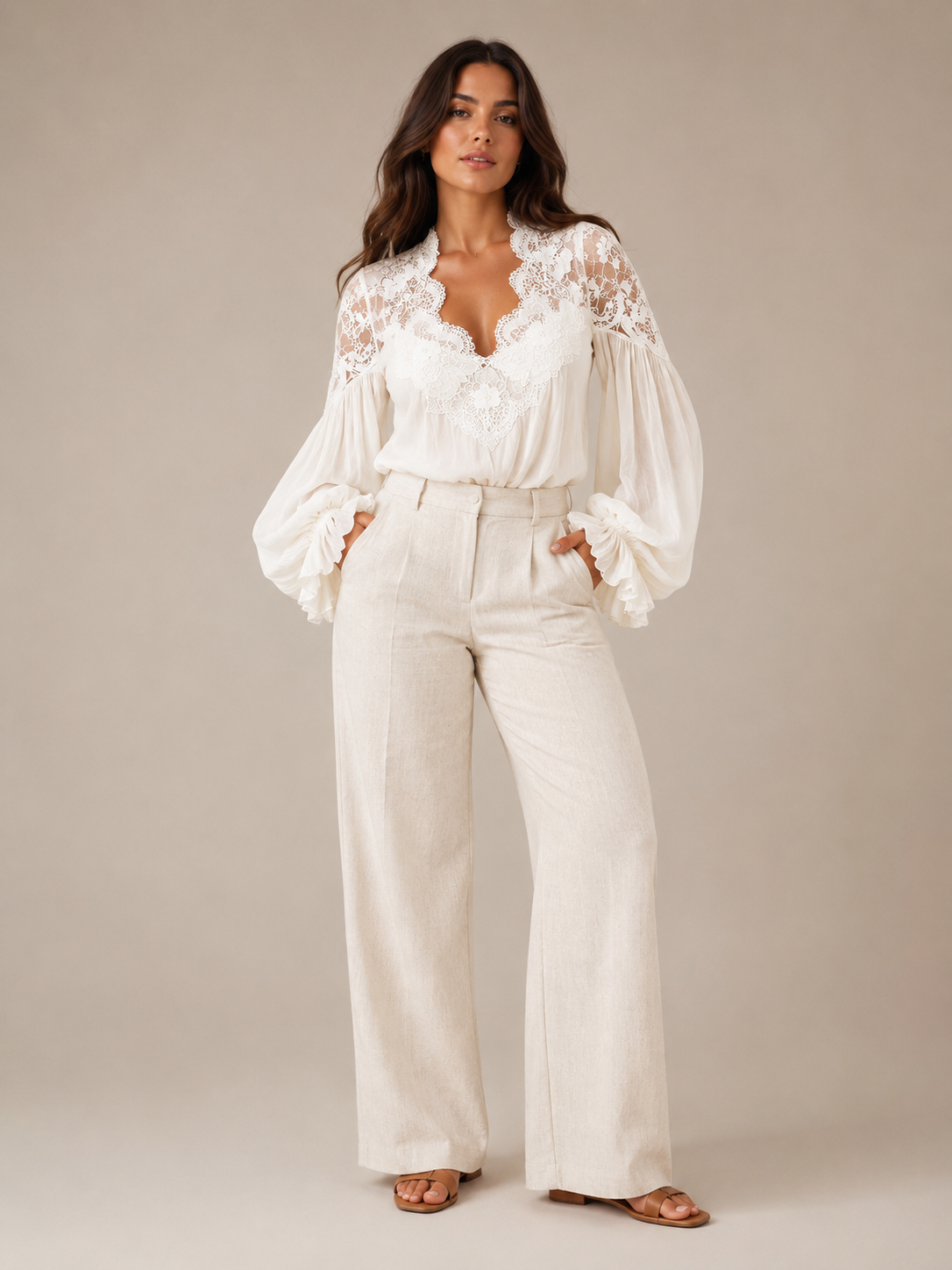 Sélénora - Dames Kanten Blouse Met V-hals En Pofmouwen