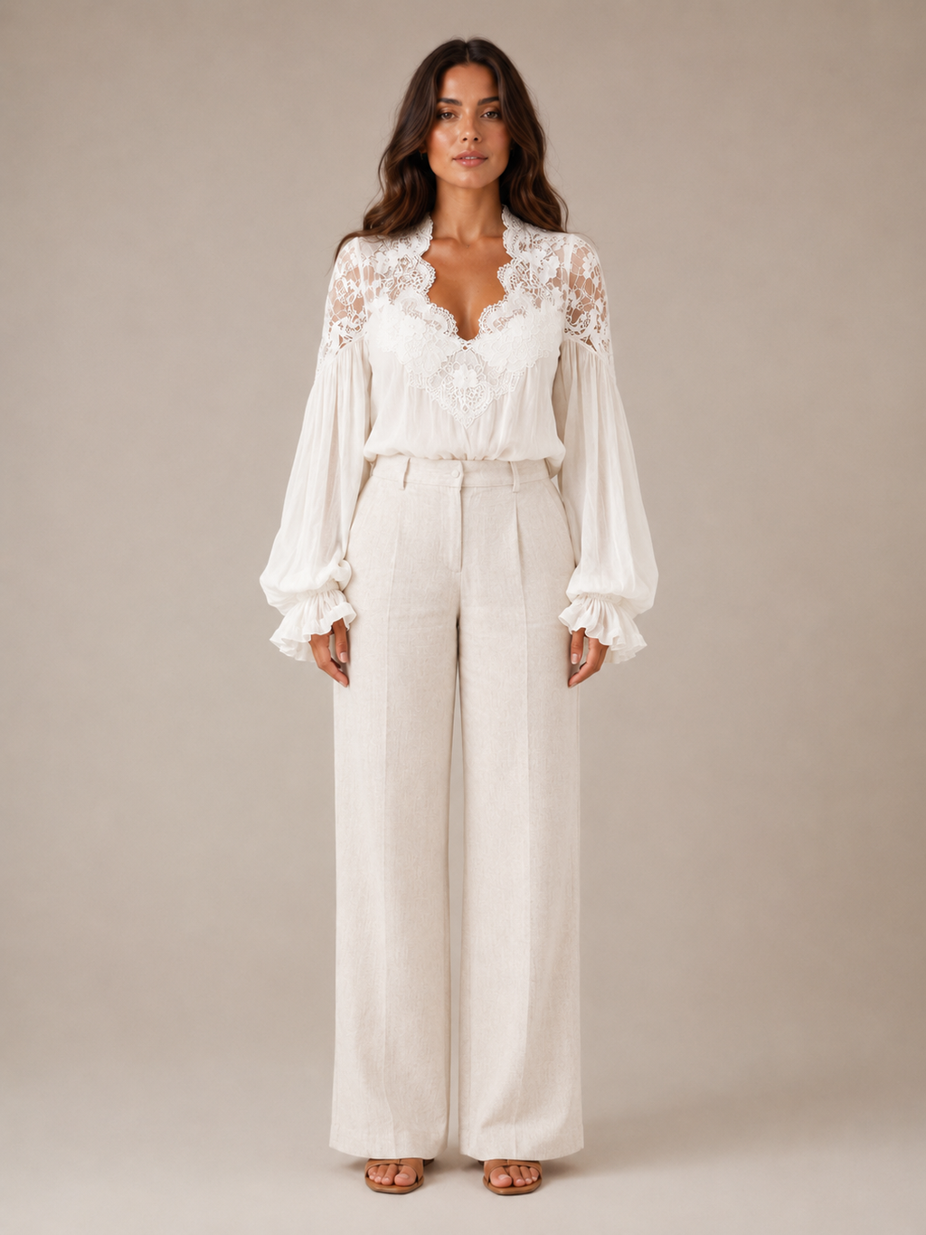 Sélénora - Dames Kanten Blouse Met V-hals En Pofmouwen