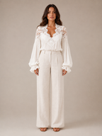 Sélénora - Dames Kanten Blouse Met V-hals En Pofmouwen