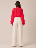 Sélénora - Dames Kanten Blouse Met V-hals En Pofmouwen