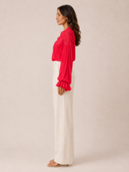 Sélénora - Dames Kanten Blouse Met V-hals En Pofmouwen