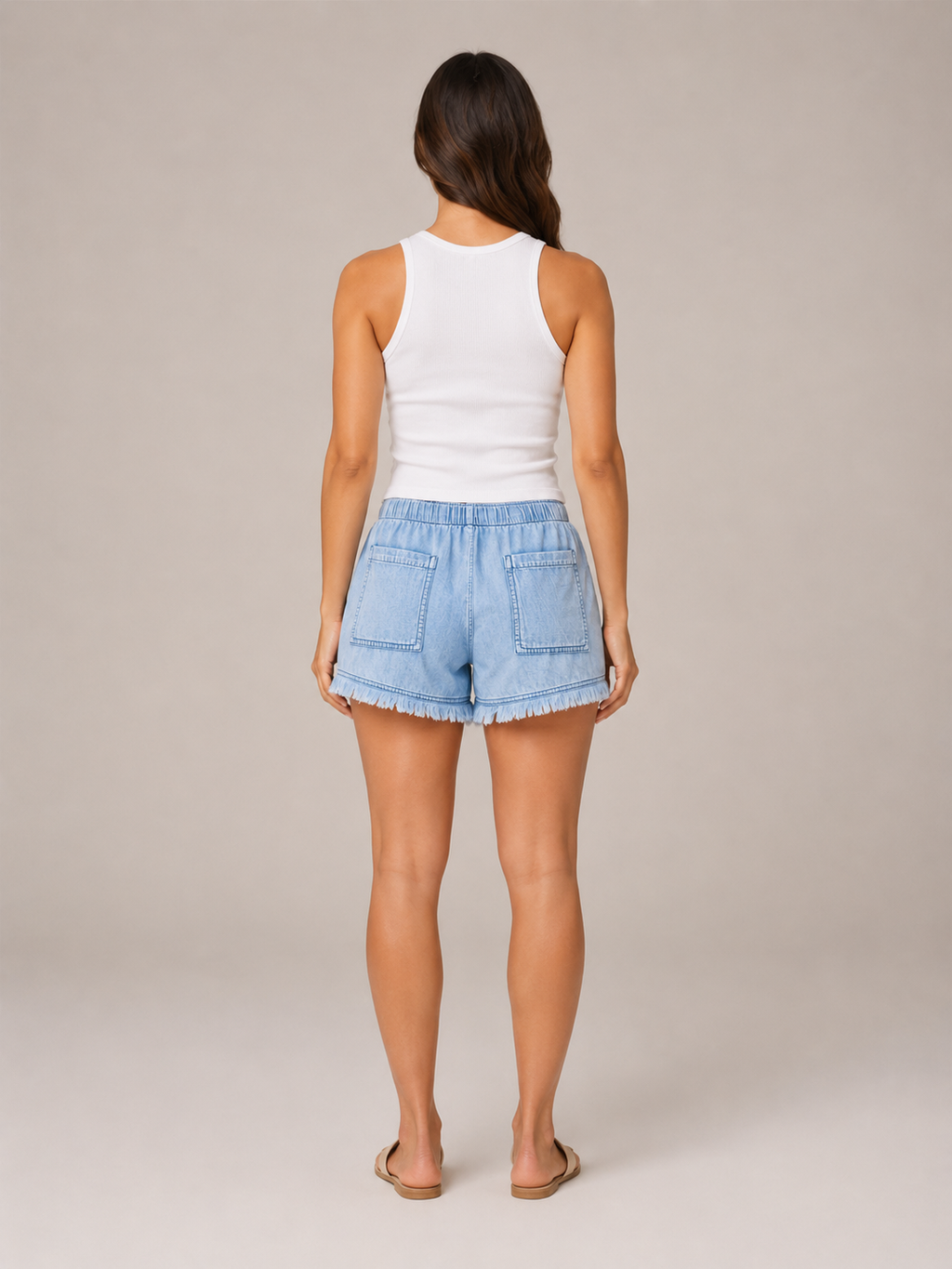 Solyra - Dames short in denimlook met elastische taille en rafelzoom