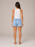 Solyra - Dames short in denimlook met elastische taille en rafelzoom