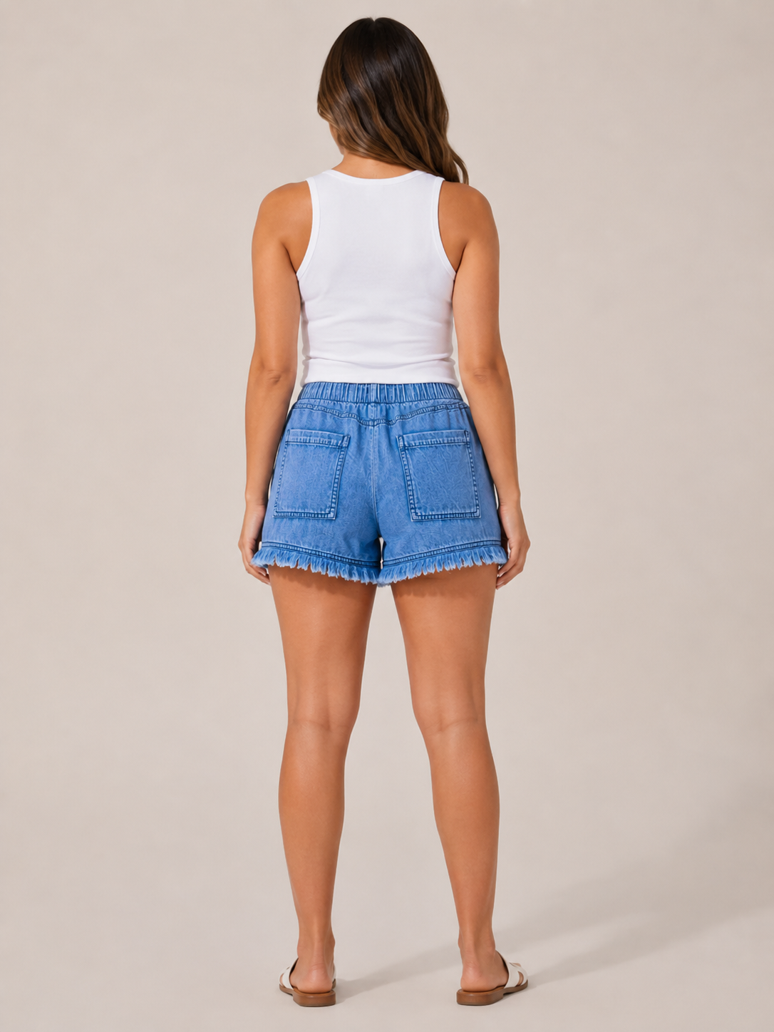 Solyra - Dames short in denimlook met elastische taille en rafelzoom