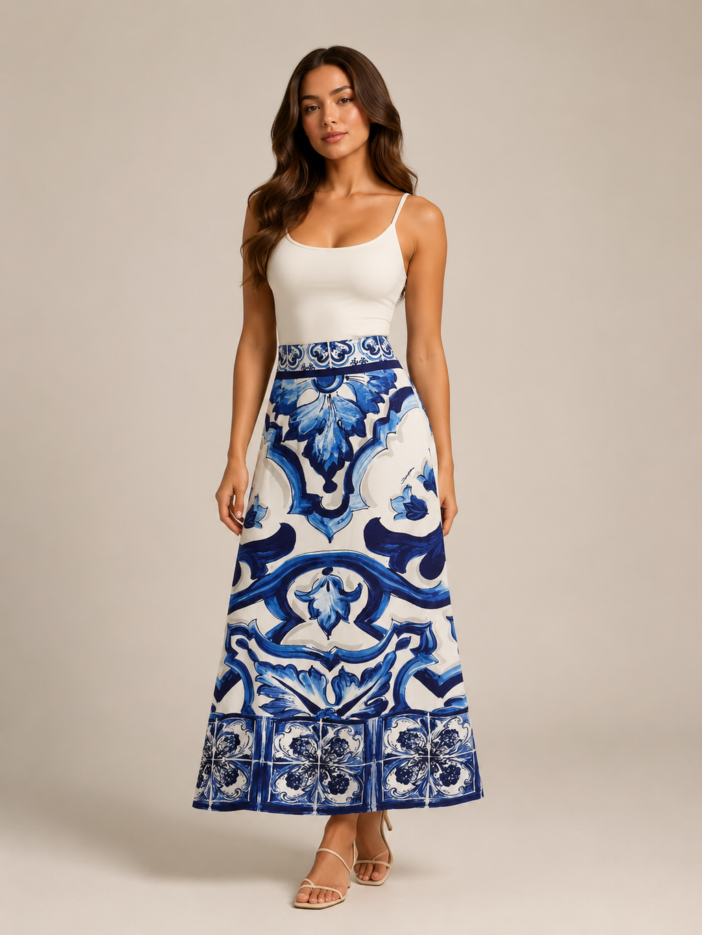 Tessara - Maxi-Rok Met Blauw-Witte Tegelprint