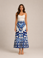 Tessara - Maxi-Rok Met Blauw-Witte Tegelprint
