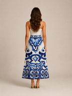 Tessara - Maxi-Rok Met Blauw-Witte Tegelprint