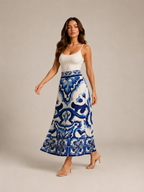 Tessara - Maxi-Rok Met Blauw-Witte Tegelprint