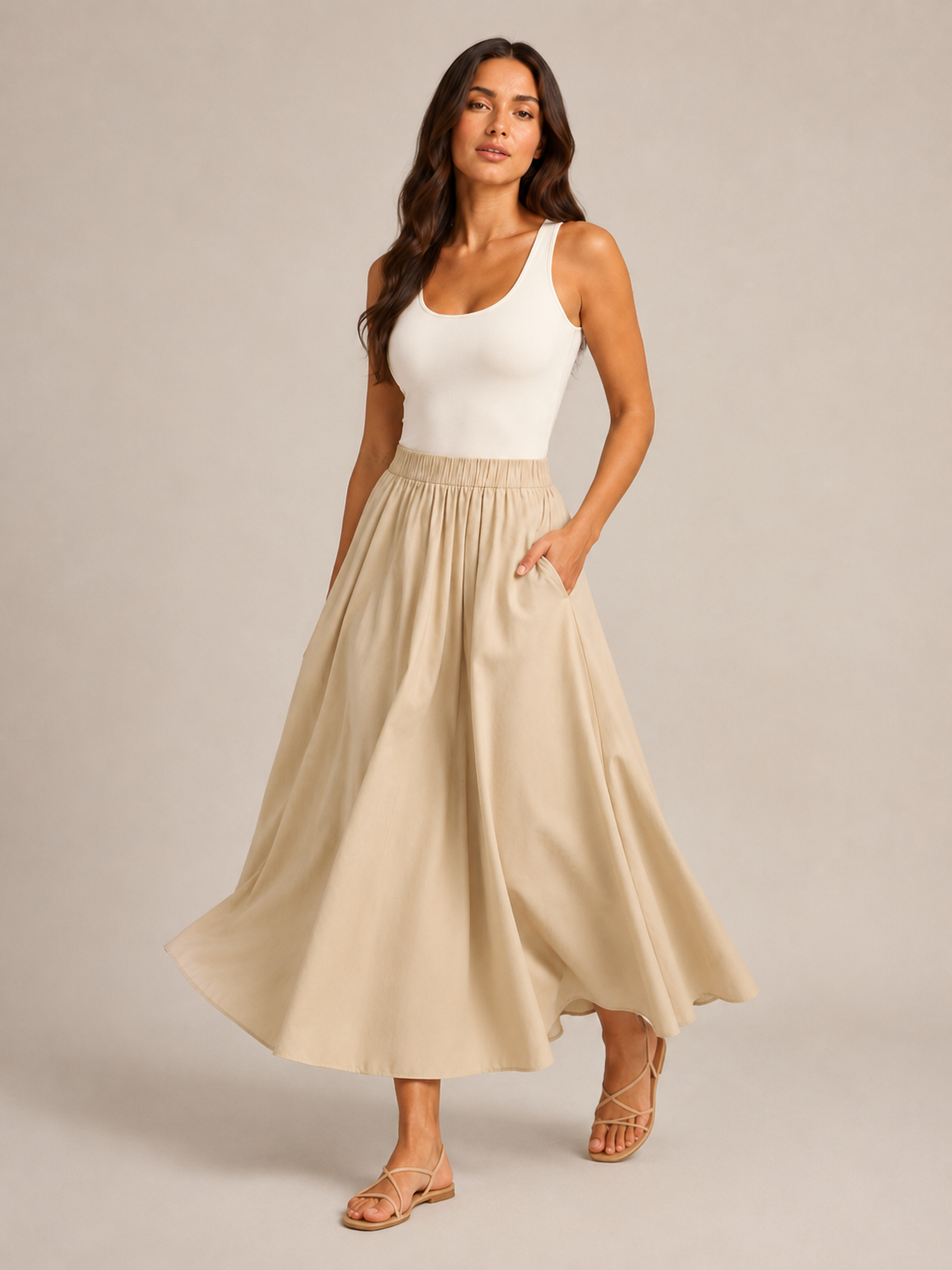 Tovella - Dames Lange Rok Met Hoge Taille En Steekzakken