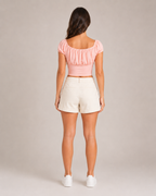 Jelina - Roze Corsage Crop Top met Pofmouwen