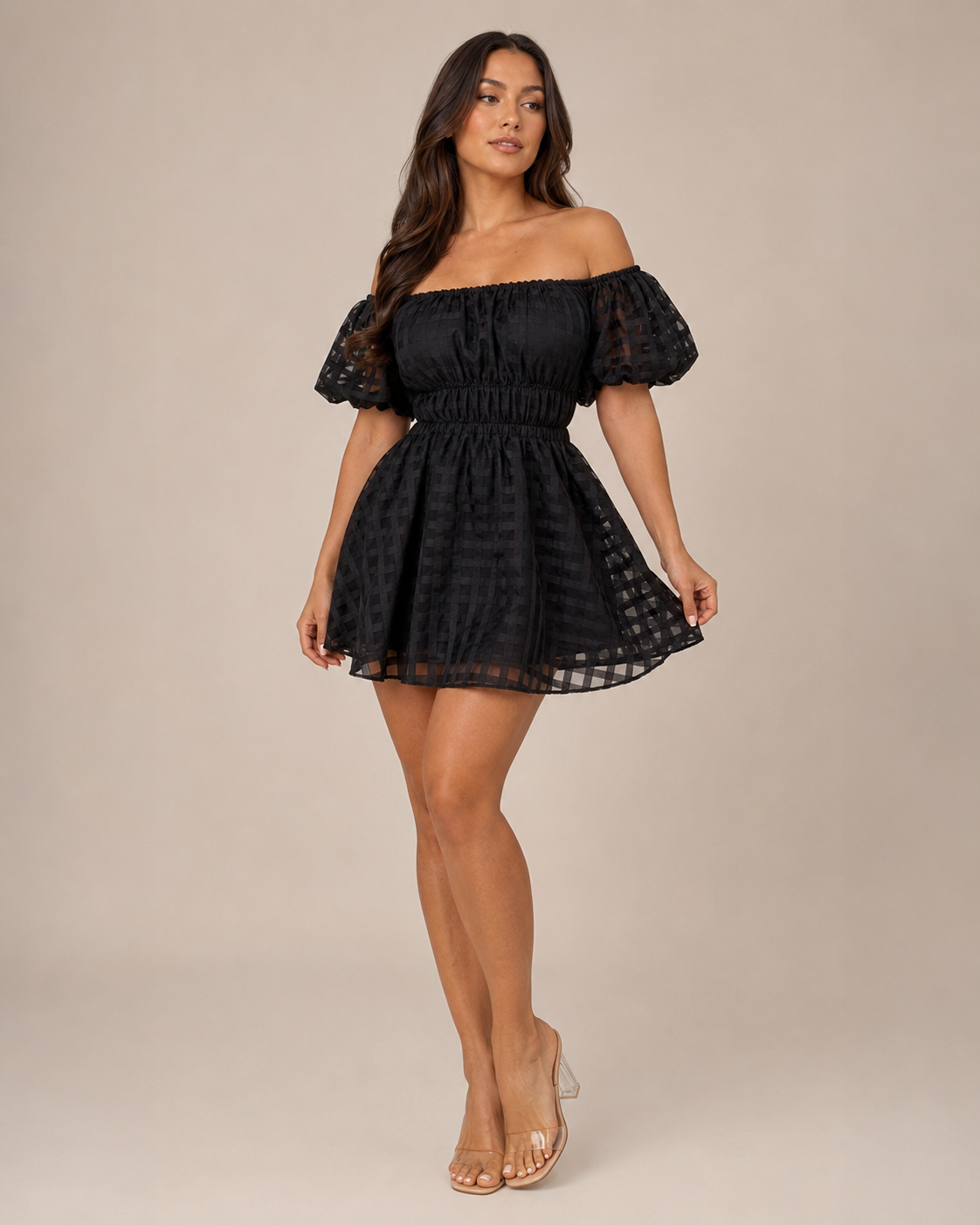 Florisa - Off-shoulder Mini-jurk met Pofmouwen en A-lijn Rok