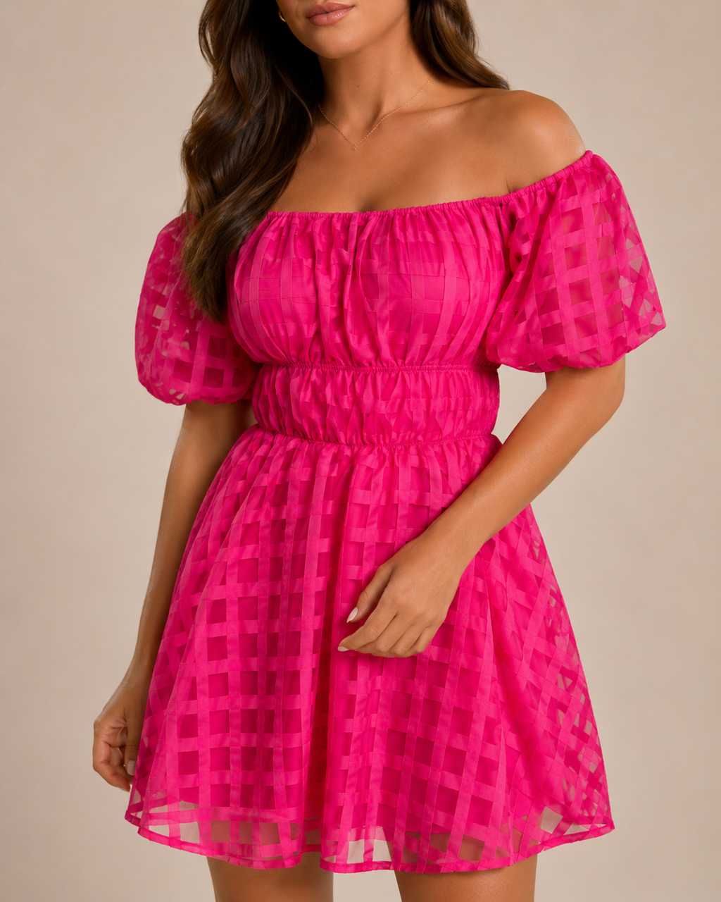 Florisa - Off-shoulder Mini-jurk met Pofmouwen en A-lijn Rok