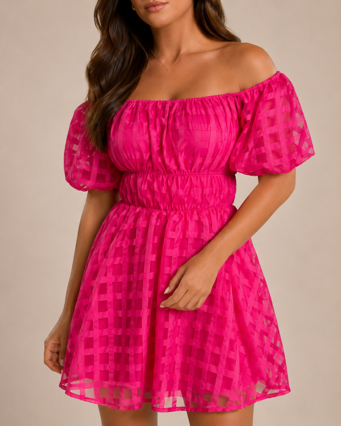 Florisa - Off-shoulder Mini-jurk met Pofmouwen en A-lijn Rok