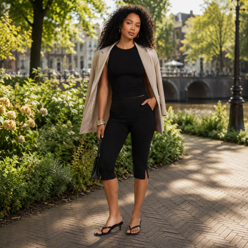 Prudencia - Zwarte Dames Capri-broek Met Elastische Taille