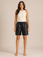Tazmira - Dames Leren Bermudashort Met Elastische Taille En Steekzakken
