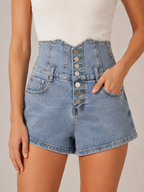 Torevina - Dames Denim Short Met Extra Hoge Taille En Knoopsluiting