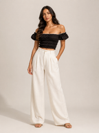 Tyndora - Dames Off-Shoulder Croptop Met Smockdetail En Pofmouwen