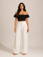 Tyndora - Dames Off-Shoulder Croptop Met Smockdetail En Pofmouwen