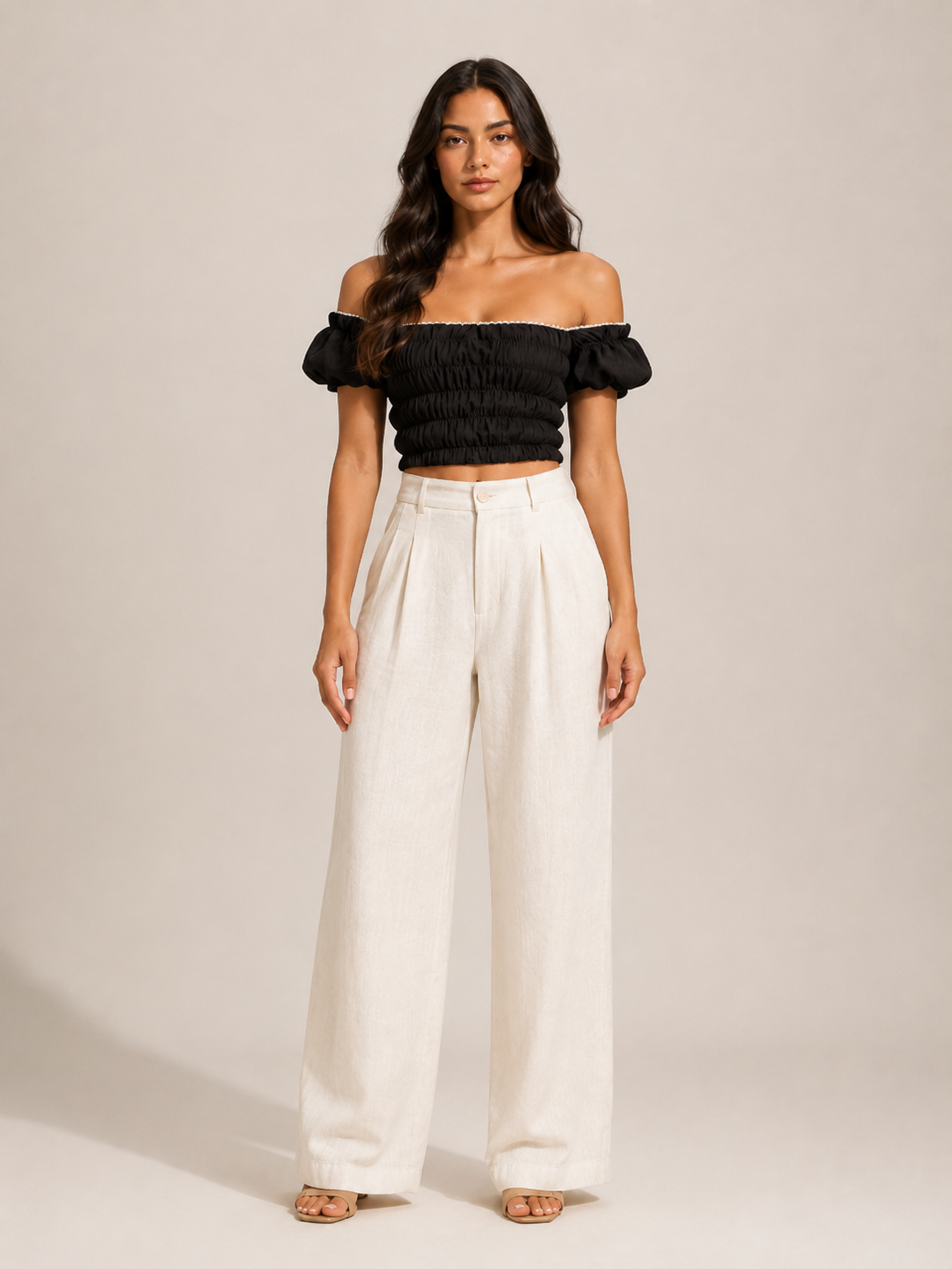 Tyndora - Dames Off-Shoulder Croptop Met Smockdetail En Pofmouwen