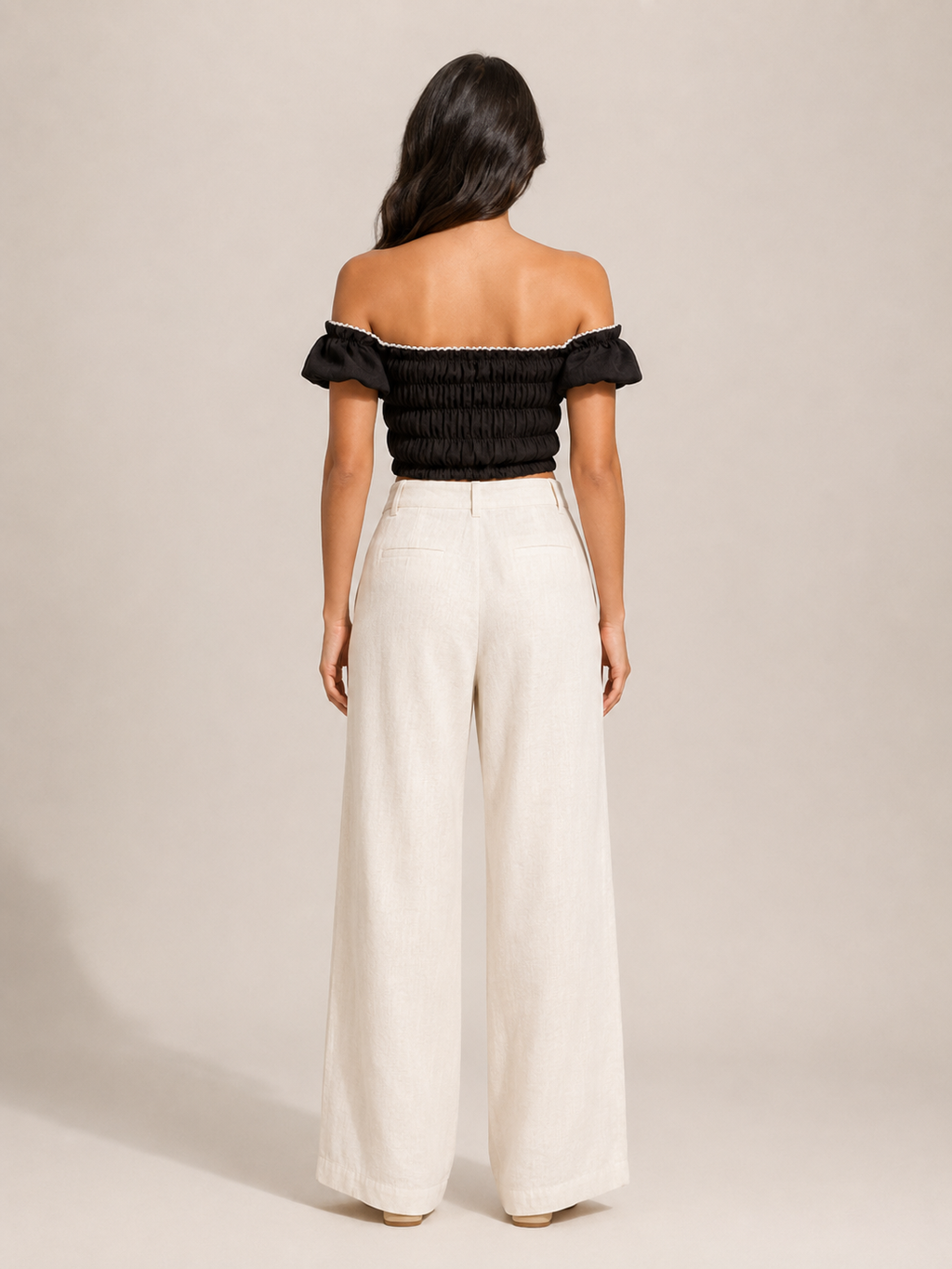Tyndora - Dames Off-Shoulder Croptop Met Smockdetail En Pofmouwen