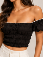 Tyndora - Dames Off-Shoulder Croptop Met Smockdetail En Pofmouwen