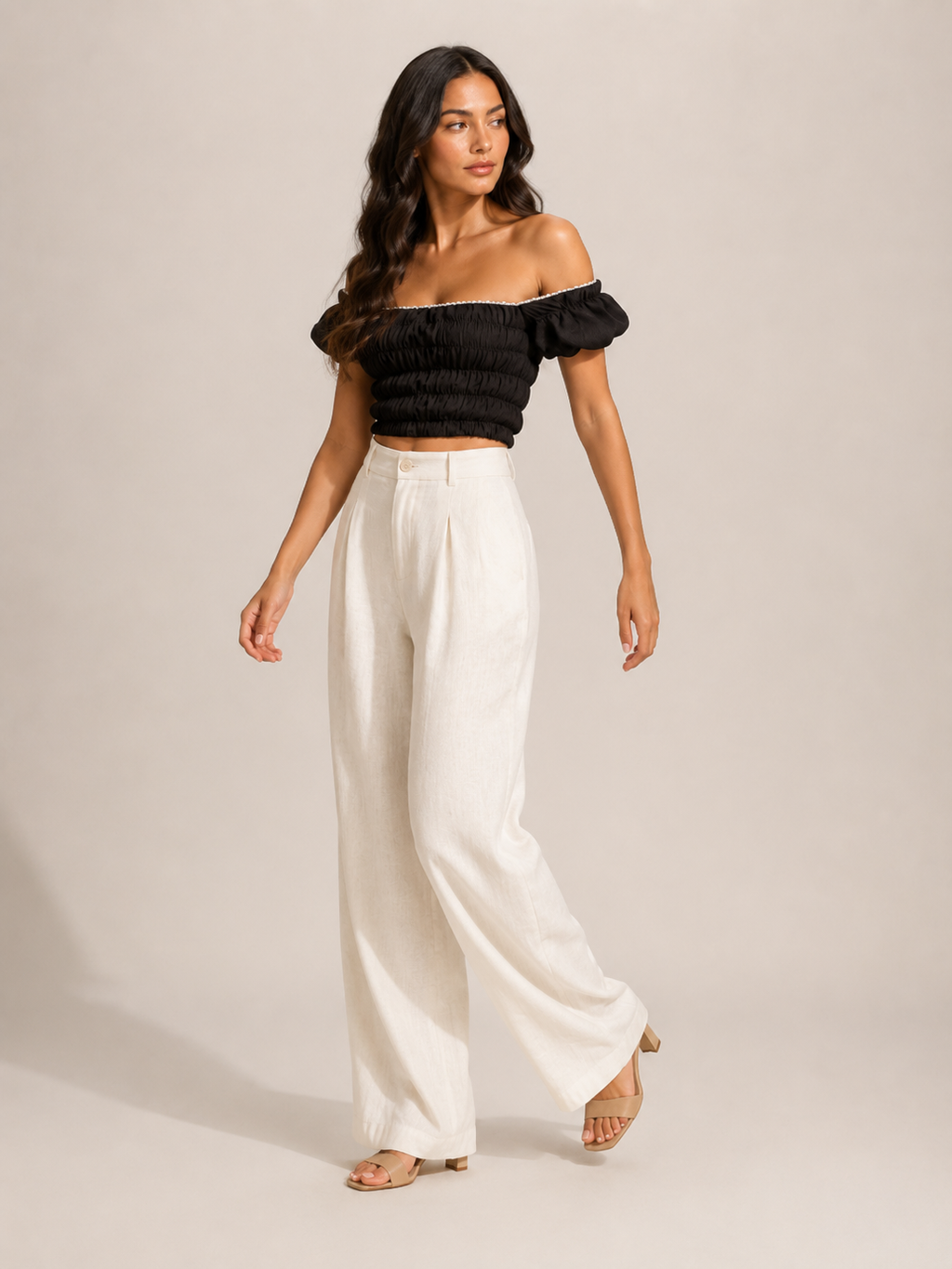 Tyndora - Dames Off-Shoulder Croptop Met Smockdetail En Pofmouwen
