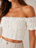 Tyndora - Dames Off-Shoulder Croptop Met Smockdetail En Pofmouwen