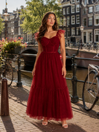 Tirabelle - Bordeauxrode Feestjurk Met Corsetdetails En Tule Ruches