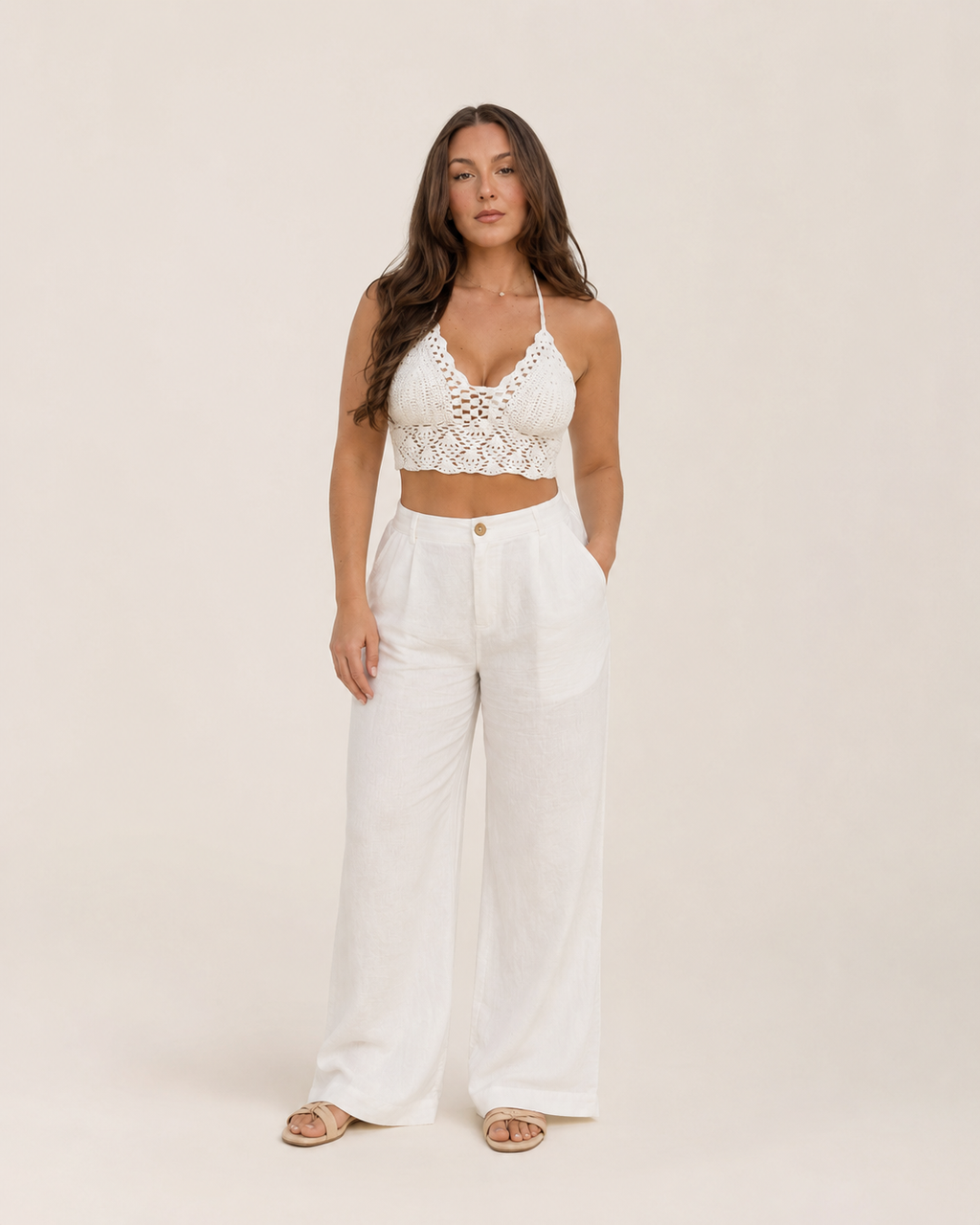 Koralie - Witte Gehaakte Crop Top Met Halterbanden