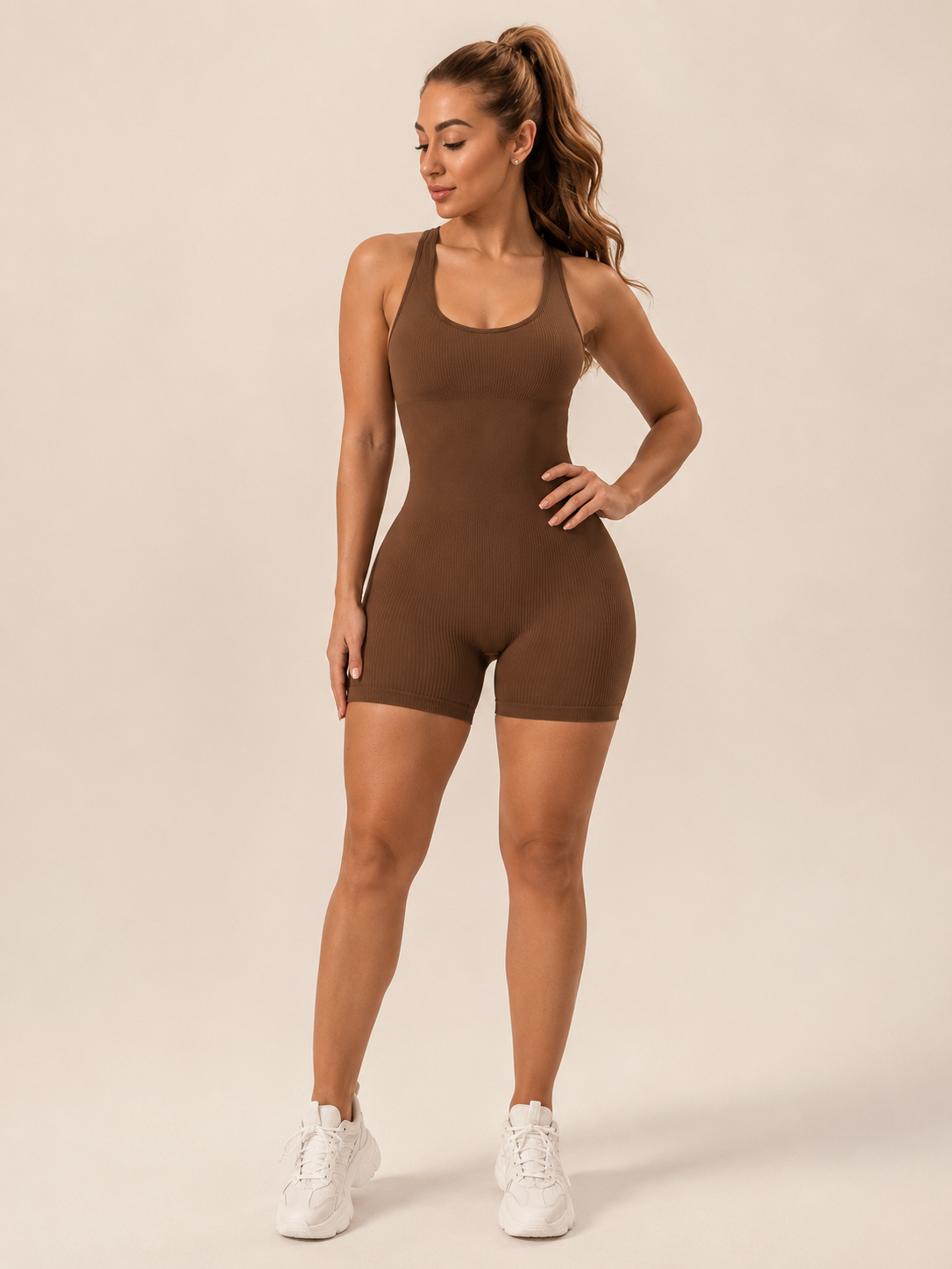 Kira - Naadloze Yoga Jumpsuit Met Ribstructuur En Gevoerde Bandjes