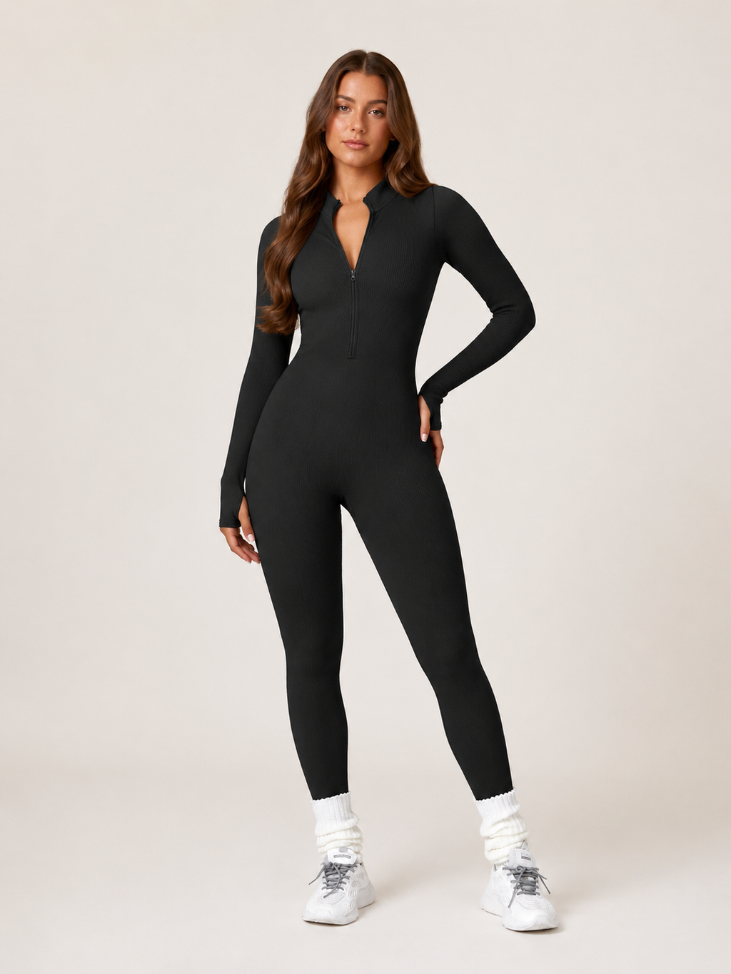 Kaya - Naadloze Sport Jumpsuit Met Rits En Ribstructuur